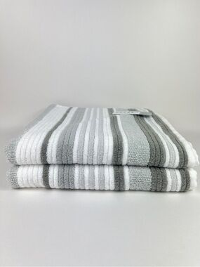 Casaba Bath Towels Tan Taupe White Striped Quick Dry Soft Cotton 2 Pc Set NEW